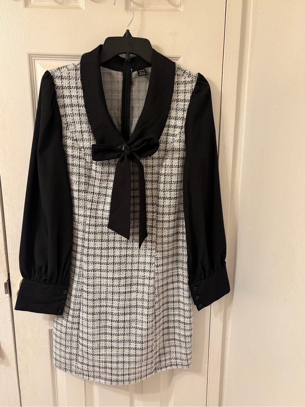 Black & White Tweed Bow-Front Long Sleeve Dress